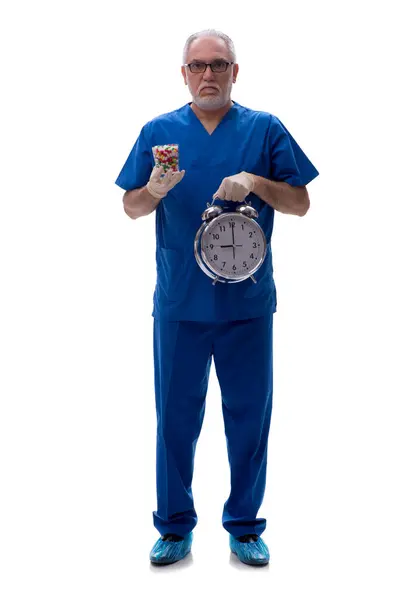 Old Doctor Time Management Concept Isolated White — Stock Photo, Image