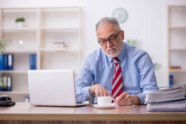 Old employee sitting at workplace