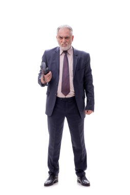 Telefonla konuşan iş adamı beyazda izole edilmiş.