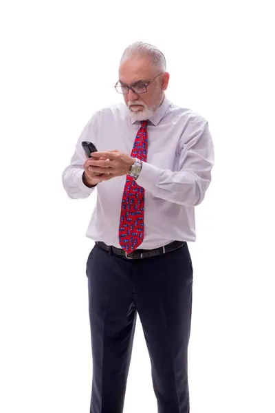 Старый Босс Говорит Телефону Изолированы Белом — стоковое фото