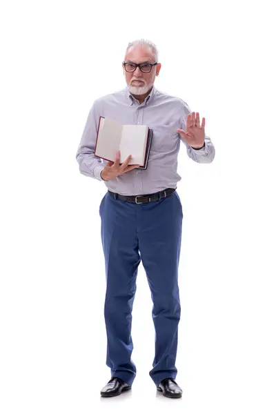 Yaşlı Erkek Patron Beyaz Kitaplarla Izole Edilmiş Kitapları Tutuyor — Stok fotoğraf