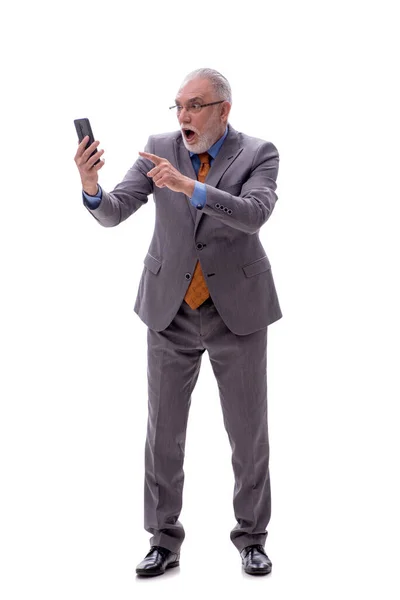 Viejo Jefe Masculino Hablando Por Teléfono Aislado Blanco —  Fotos de Stock