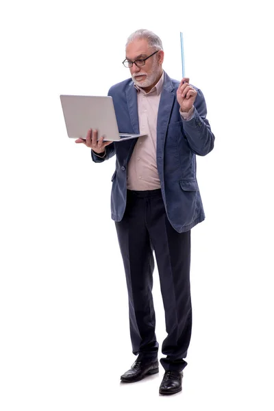 Bilgisayarlı Yaşlı Adam Beyazda Izole Edilmiş — Stok fotoğraf