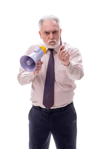 ホワイトで孤立したメガフォンを保持するビジネスマン — ストック写真
