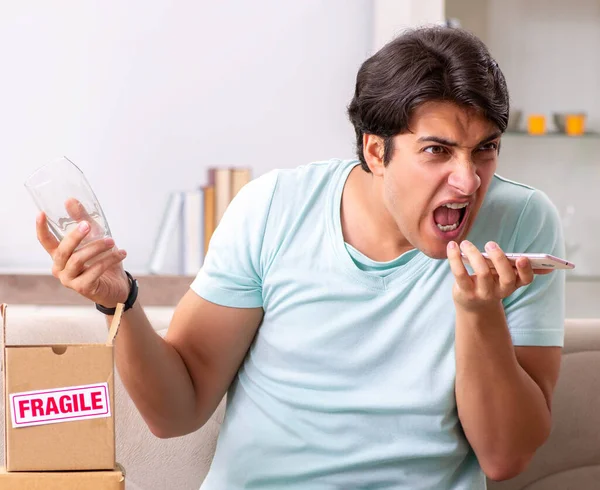 Man Opening Fragile Parcel Ordered Internet — Stock Photo, Image