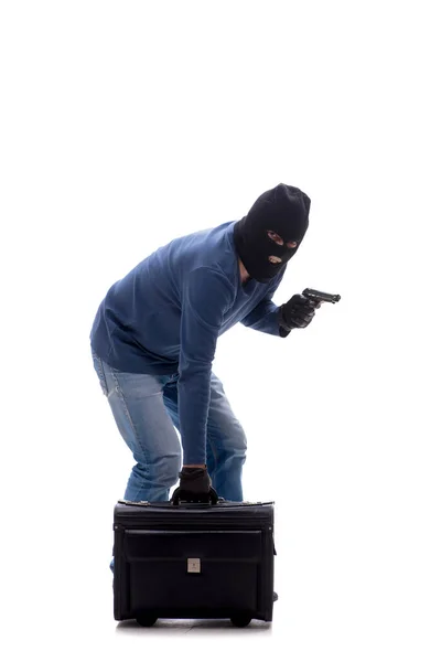 Young Burglar Holding Bag Isolated White — Stock Photo, Image