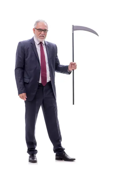 Yaşlı Patron Tırpanı Beyazın Üzerinde Tutuyor — Stok fotoğraf