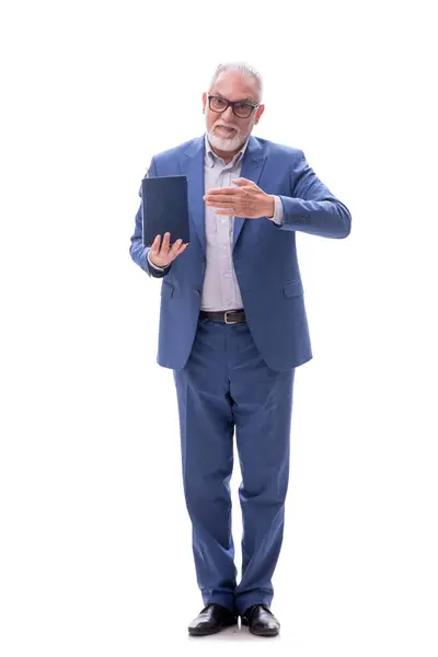 Old Boss Holding Book Isolated White — Stock Photo, Image