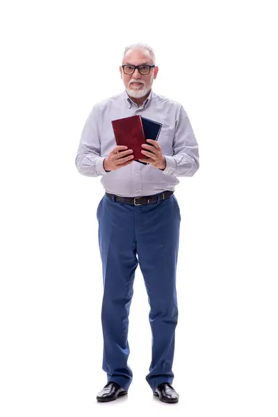 Yaşlı Erkek Patron Beyaz Kitaplarla Izole Edilmiş Kitapları Tutuyor — Stok fotoğraf