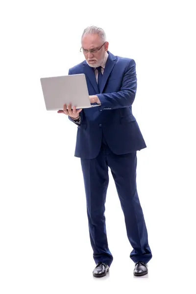 Velho Chefe Com Computador Isolado Branco — Fotografia de Stock