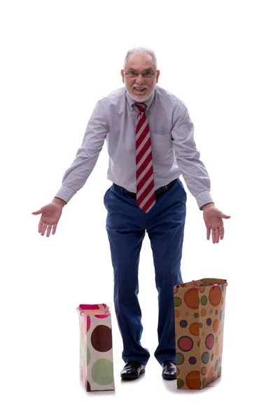 Old Male Boss Holding Bags Isolated White — Stock Photo, Image