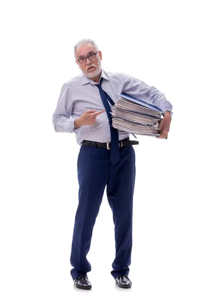 Oude Mannelijke Werknemer Houdt Papieren Geïsoleerd Wit — Stockfoto