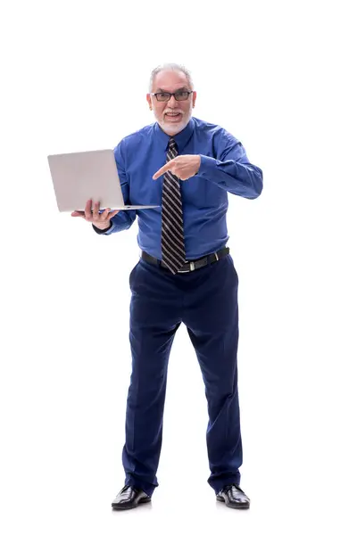 Aged Businessman Holding Laptop Isolated White — Stock Photo, Image