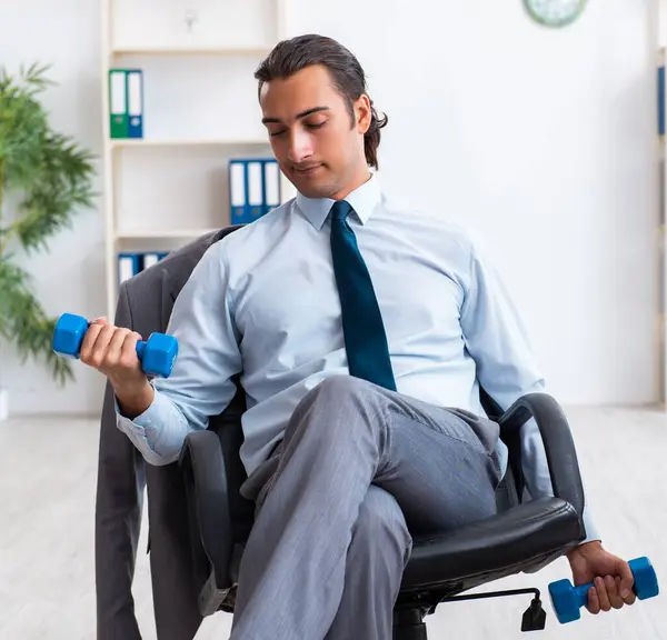 Young Handsome Employee Doing Sport Exercises Workplace — Stock Photo, Image