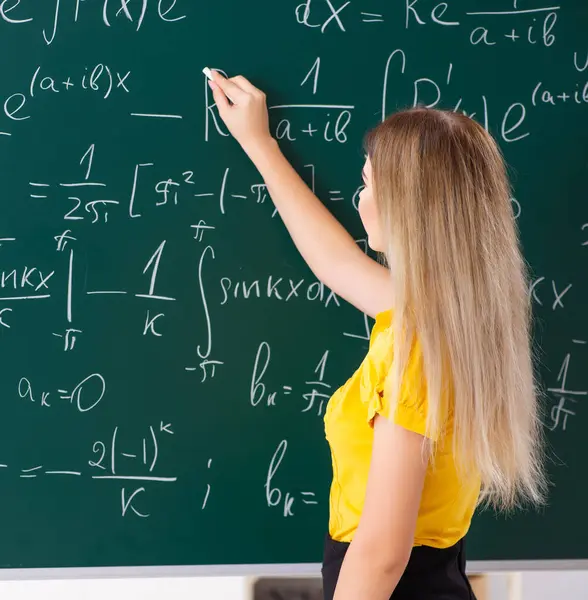 Young Female Student Front Chalkboard — Stock Photo, Image