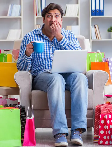 Young Man Excessive Shopping Home — Stock Photo, Image