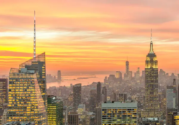 Vista Nocturna Nueva York Manhattan Durante Atardecer — Foto de Stock