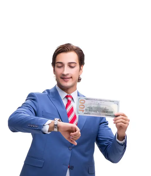 Elegancki Człowiek Odizolowanym Biało Banknotem — Zdjęcie stockowe
