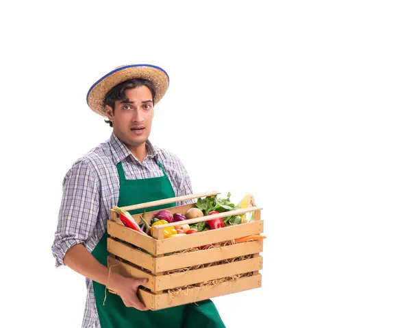 Der Junge Bauer Mit Frischen Produkten Isoliert Auf Weißem Hintergrund — Stockfoto