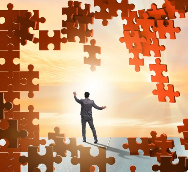 Businessman Breaking Wall Jigsaw Puzzle — Stock Photo, Image