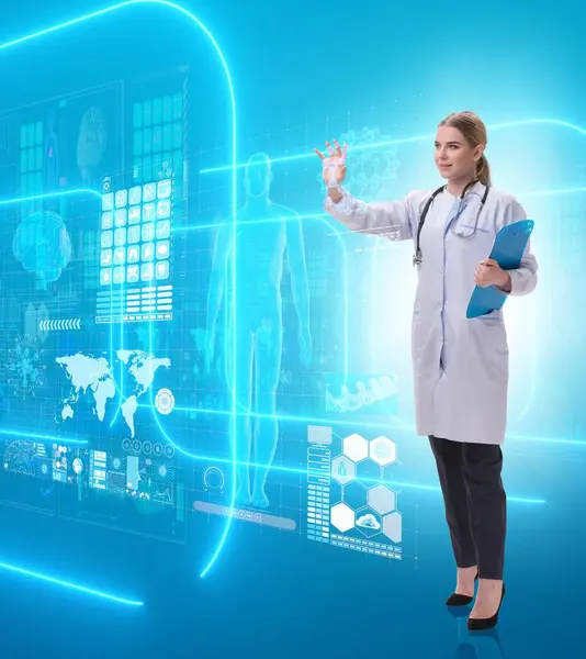 The woman doctor in telemedicine futuristic concept