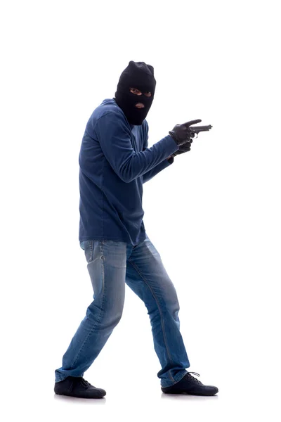 ホワイトで孤立したハンドガンを保持する若い強盗 — ストック写真