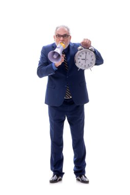 Zaman yönetimi kavramındaki eski patron beyaza izole edilmiş