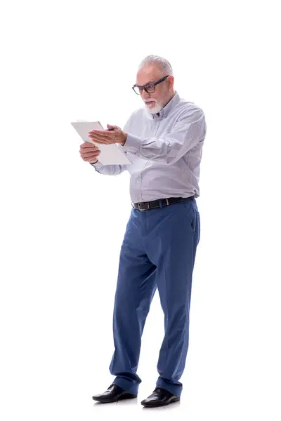 stock image Old boss reading paper isolated on white