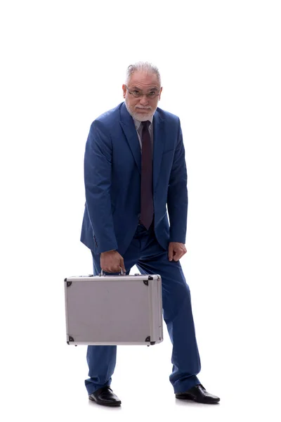 Old Male Boss Holding Case Isolated White — Stock Photo, Image