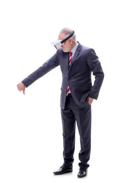 Zakenman Draagt Virtuele Bril Geïsoleerd Wit — Stockfoto