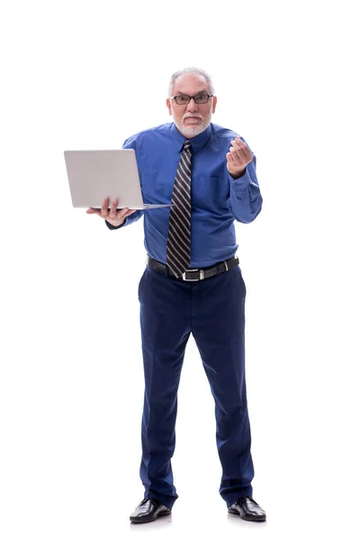 Åldrad Affärsman Som Håller Laptop Isolerad Vit — Stockfoto