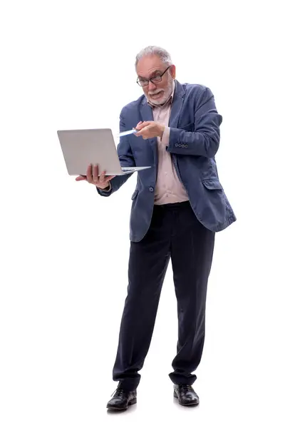 Stary Człowiek Komputerem Odizolowany Białym — Zdjęcie stockowe
