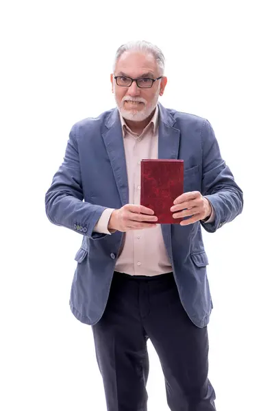 Old Male Teacher Holding Book Isolated White — Stock Photo, Image