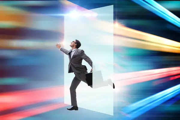 Businessman entering virtual world in the business concept