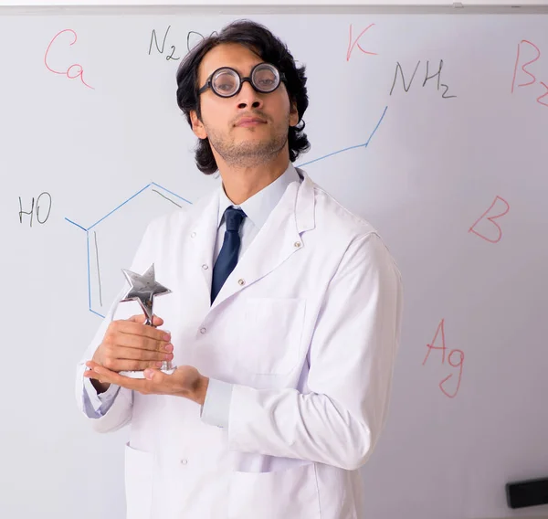 Young Funny Chemist Front White Board — Stock Photo, Image