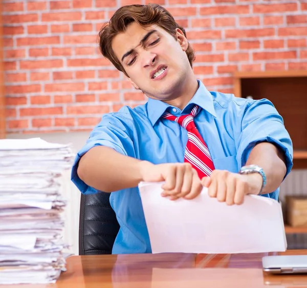Young Employee Excessive Work Sitting Office — Stock Photo, Image