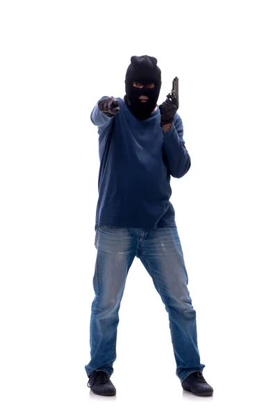Young Burglar Holding Handgun Isolated White — Stock Photo, Image