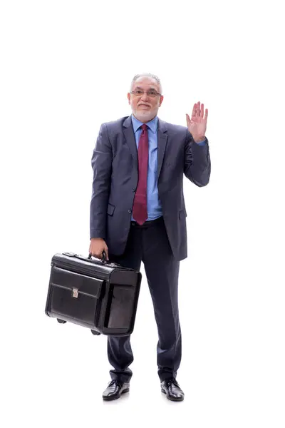 白で孤立したスーツケースを持つ熟練したビジネスマン — ストック写真