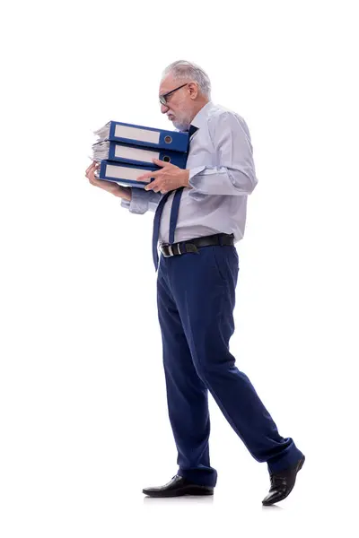 Alter Männlicher Angestellter Mit Papieren Auf Weißem Grund — Stockfoto