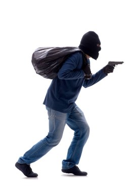 Genç bir hırsız beyazlara izole edilmiş para çalıyor.