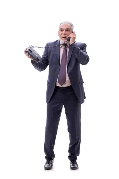 Affärsman Talar Telefon Isolerad Vitt — Stockfoto