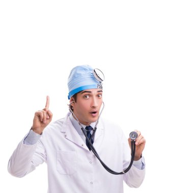 Genç, yakışıklı doktor otolargolog beyazı izole etti.