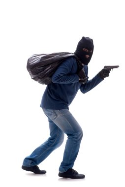 Genç bir hırsız beyazlara izole edilmiş para çalıyor.