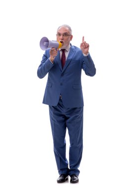 Eski patron megafonu bembeyaz tutuyor.