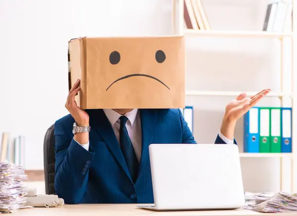 Unhappy Man Employee Box Instead His Head — Zdjęcie stockowe