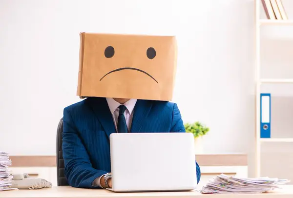 Unhappy Man Employee Box Instead His Head — Fotografia de Stock