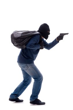 Genç bir hırsız beyazlara izole edilmiş para çalıyor.