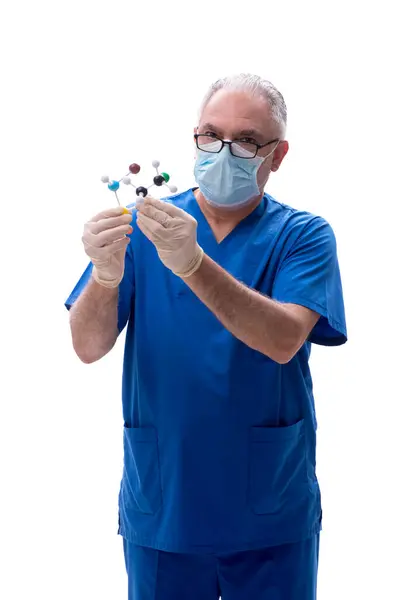 Old Doctor Holding Molecular Model Isolated White — Stock Photo, Image