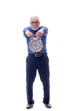 Zaman yönetimi kavramındaki eski patron beyaza izole edilmiş