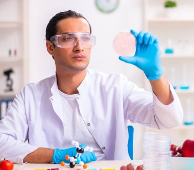 Genç beslenme uzmanı gıda ürünlerini laboratuvarda test ediyor.